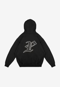 Czarna bluza z kapturem z dużym białym logo na plecach, wykonana z miękkiego materiału z prążkowanymi mankietami i dołem.