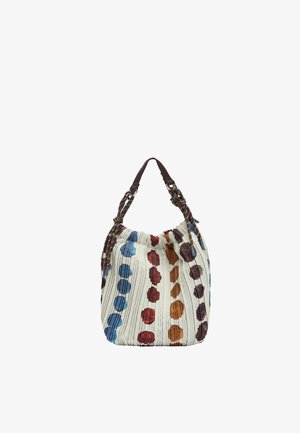 Biała plisowana torebka z pionowymi rzędami dużych, kolorowych kropek i brązowym plecionym paskiem na ramię.