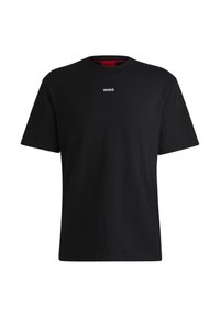 Zwarte katoenen t-shirt met korte mouwen, ronde halslijn en het "HUGO" logo in het wit gecentreerd op de borst. Glad van textuur, normale pasvorm.