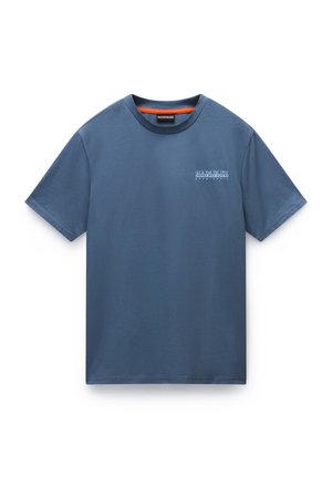 Blue cotton t-shirt with short sleeves, round neckline, and a small white logo print on the left chest area. Smooth texture and casual fit.