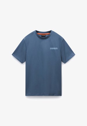 Blauwe katoenen t-shirt met korte mouwen, ronde halslijn en een kleine witte logo-print op de linkerkant van de borst. Glad materiaal en casual pasvorm.