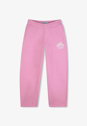 Pantalon de survêtement en coton rose avec une ceinture élastique. Présente un logo graphique sur la jambe gauche. Coupe droite et texture lisse.