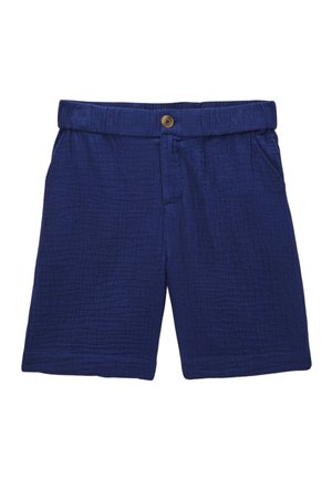 Short en coton texturé bleu marine avec fermeture par bouton, taille élastique, poches latérales et coupe longueur genou.