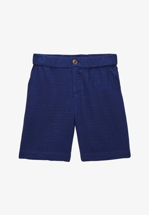 Short en coton texturé bleu marine avec fermeture par bouton, taille élastique, poches latérales et coupe longueur genou.