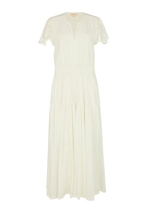 Weißes Maxikleid mit kurzen Ärmeln, V-Ausschnitt, geraffter Taille, gestuftem Rock und dezenten Stickereien entlang der Vorderseite und Ärmel.