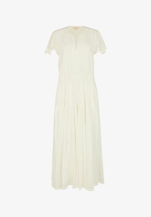 Weißes Maxikleid mit kurzen Ärmeln, V-Ausschnitt, geraffter Taille, gestuftem Rock und dezenten Stickereien entlang der Vorderseite und Ärmel.