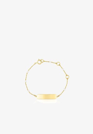 Armband in Goldtone mit einem glatten rechteckigen Anhänger und kleinen weißen Perlen an einer zarten Kette, mit einem Federverschluss.
