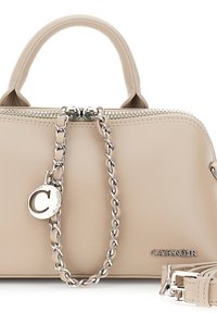 Borsa a mano in pelle beige con doppio manico, chiusura a zip e tracolla a catena removibile. Con logo e hardware in argento lucido.