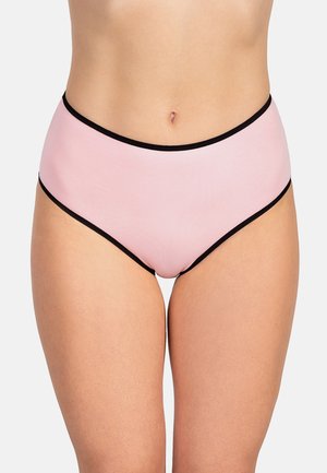 Braguitas de cintura alta en suave tela rosa con ribetes elásticos negros en la cintura y las piernas, con un diseño liso y sin costuras.