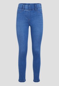 Blaue Denim-Skinny-Jeans mit glatter Textur, hohem Bund und klassischem Fünf-Taschen-Design. Sichtbare Nähdetails entlang der Nähte.