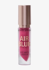 Rosa flytande läppprodukt i en klar tub med ett guldlock. Etiketten läser "AIR BLUR" och "SOFT MATTE LIQUID LIP" med fet stil.