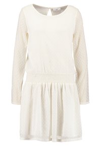 Weißes langärmliges Kleid mit rundem Ausschnitt, geraffter Taille und transparenter, strukturierter Stoff mit subtilen Punkten. Detail mit Schlüsselverschluss hinten.
