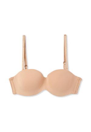 Reggiseno imbottito senza spalline in nude con coppe lisce, spalline regolabili e chiusura a gancio e asola. Realizzato in tessuto morbido con un design senza cuciture.