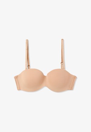Reggiseno imbottito senza spalline in nude con coppe lisce, spalline regolabili e chiusura a gancio e asola. Realizzato in tessuto morbido con un design senza cuciture.