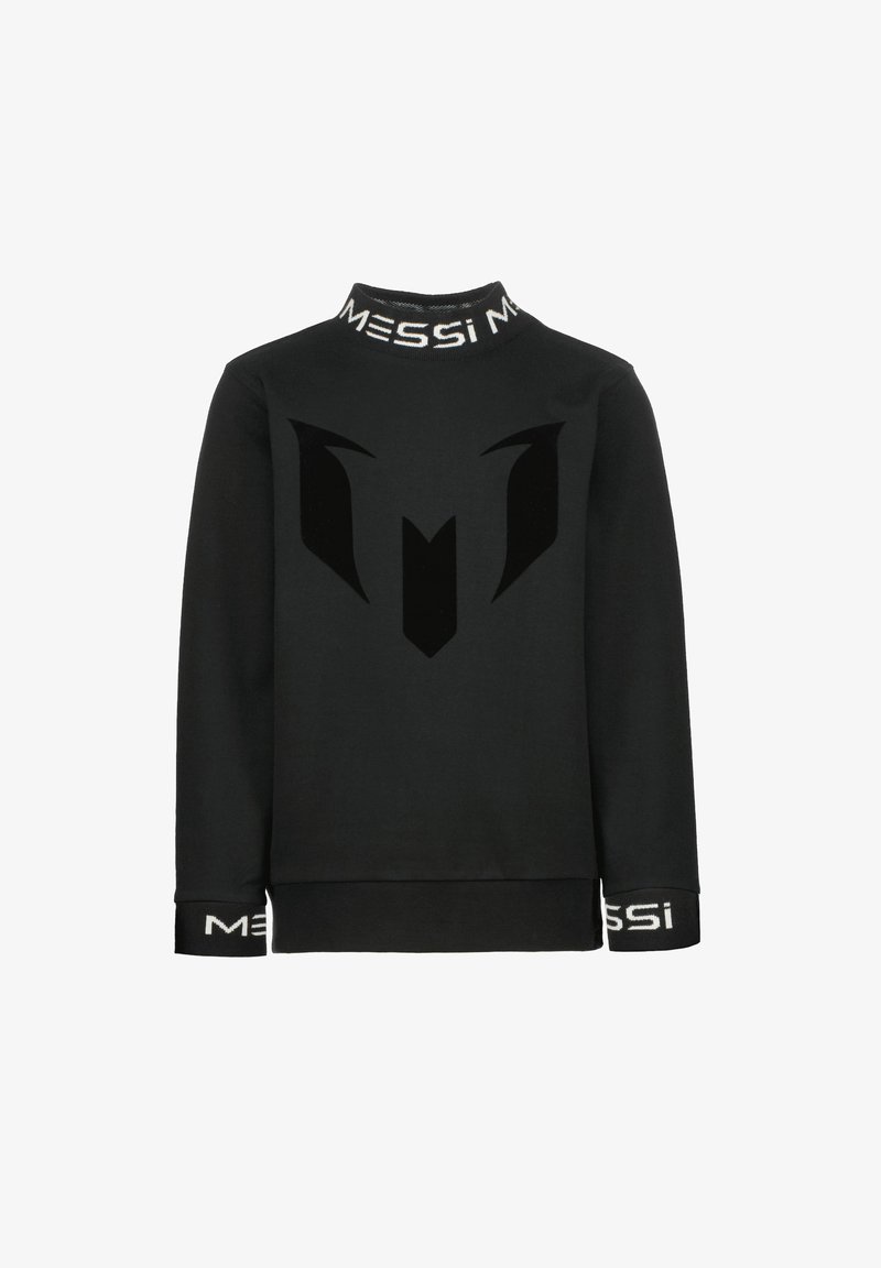 Sweatshirt noir avec un col montant, texte "MESSI", design graphique en relief sur le devant, et poignets côtelés avec branding.