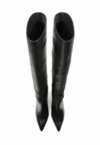 Black over-the-knee leather boots with a pointed toe, featuring a ruched design along the shaft and a smooth texture.