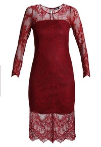 Red lace dress with a fitted silhouette, sheer long sleeves, round neckline, and a scalloped hem featuring intricate patterns.