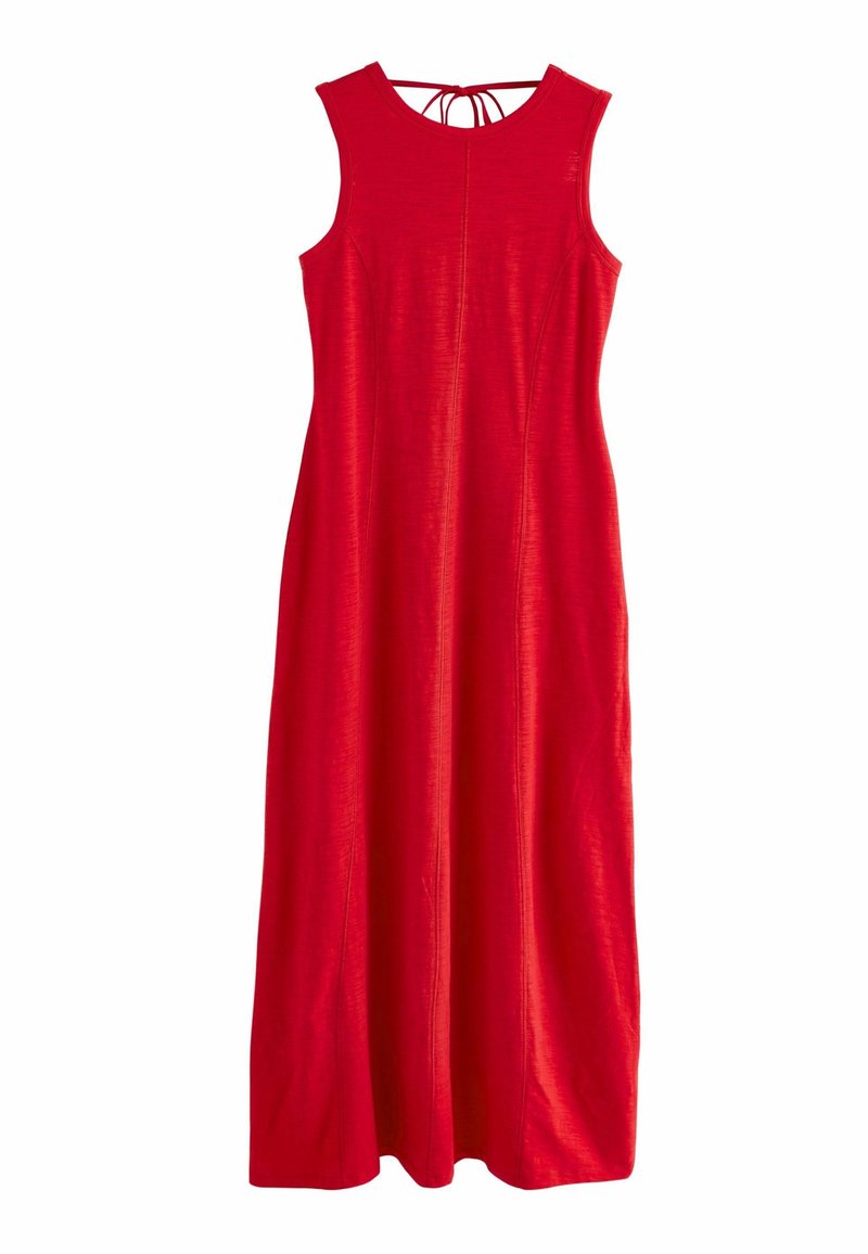 Robe longue rouge sans manches avec un col rond et de fines bretelles nouées en nœud dans le dos.