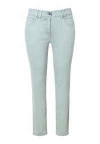 Jeans de mezclilla ajustados de color verde claro, con un talle medio, diseño de cinco bolsillos y pernera ligeramente ajustada. Presenta un cierre de botón y cremallera.