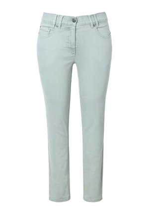 Jeans en denim vert pâle, ajustés, avec une taille mi-haute, un design à cinq poches et une jambe légèrement fuselée. Dotés d'une fermeture à bouton et à fermeture éclair.