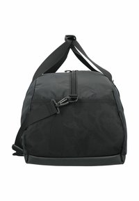 Borsa duffel nera con una finitura texturizzata, dotata di una zip superiore, spallacci regolabili e dettagli in rete sui lati.