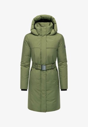 Oliivinvihreä pehmustettu parka-takki, jossa on huppu, vyötärövyö ja kaksi etutaskua. Ominaisuuksiin kuuluu sileä pinta ja vähäiset muotoiluelementit.