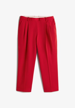 Red tailored trousers with front pleats, belt loops, side pockets, and a straight-leg fit on a white background.
