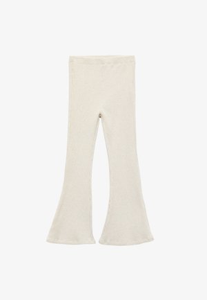 Leggings a gamba svasata a coste di un beige chiaro. Tessuto morbido, vita alta, con una silhouette aderente che si allarga all'orlo. Texture liscia senza motivi.