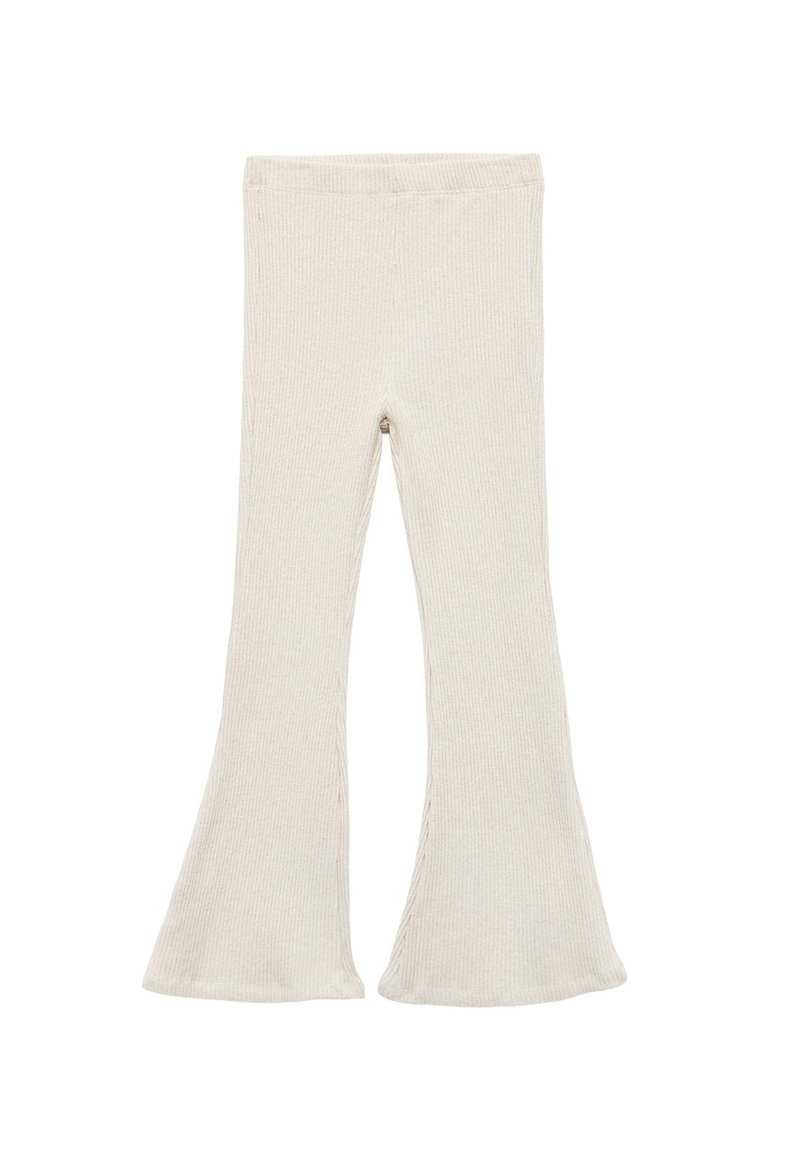 Ribbesidde flared tights i lys beige. Mykt stoff, høy midje, med en tett silhuett som klirrer ut ved kanten. Glatt tekstur uten mønstre.