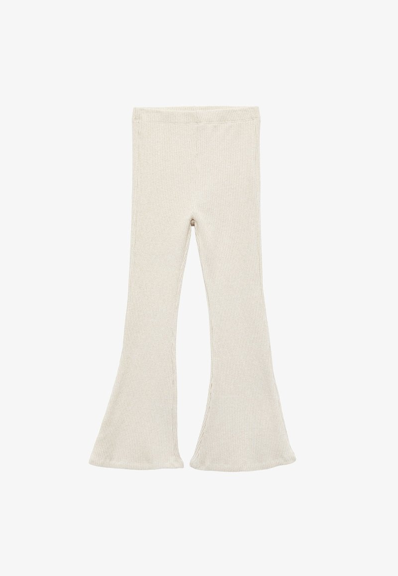 Rippierte, ausgestellte Leggings in hellem Beigeton. Weicher Stoff, hohe Taille, mit einer enganliegenden Silhouette, die am Saum ausgestellt ist. Glatte Textur ohne Muster.