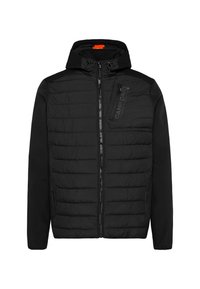 Musta pehmustettu takki, jossa on vetoketju edessä, huppu ja tekstuurinen kangas. Mukana on sivutasku, jossa on logo-yksityiskohta, sekä sileät hihat.