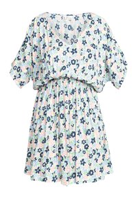 Bloemenjurk met een V-hals, korte mouwen en elastische taille. De stof heeft een pastelpatroon met marineblauwe en roze bloemen op een lichte achtergrond.