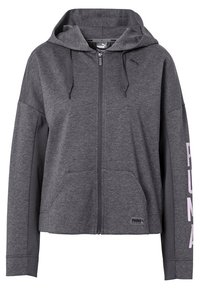 Šedá mikina na zip vyrobená z měkké tkaniny, se kapucí, dvěma předními kapsami a tištěným logem v růžové na levém rukávu.