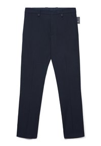 Pantaloni da dress dritti blu navy con passanti per cintura, tasche laterali e chiusura con bottone, mostrati su uno sfondo bianco.