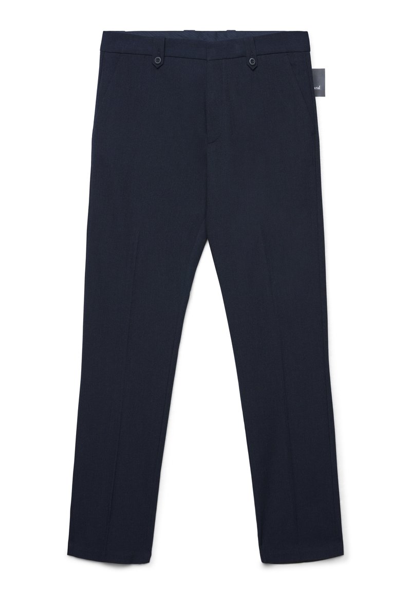 Pantaloni da dress dritti blu navy con passanti per cintura, tasche laterali e chiusura con bottone, mostrati su uno sfondo bianco.