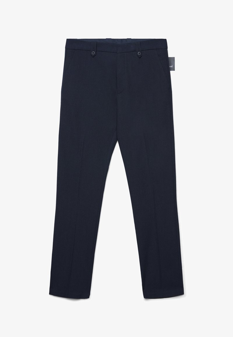Pantaloni da dress dritti blu navy con passanti per cintura, tasche laterali e chiusura con bottone, mostrati su uno sfondo bianco.