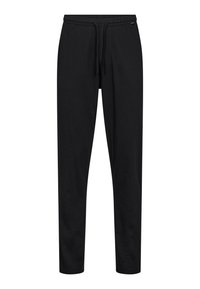 Sorte joggerbukser lavet af blødt stof, med en elastisk talje med snøre, tapered ben og sidelommer.