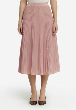 Jupe midi plissée en rose clair avec un éclat subtil. Fabriquée en tissu léger, elle présente une surface texturée et une large taille.