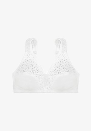 Valkoinen rintaliivi, jossa on pitsitietoa ylhäällä, sileät kupit ja säädettävät olkaimet. Pehmeä materiaali, jossa on hieno kiilto ja saumatonta muotoilua.