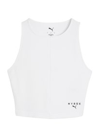 Witte crop top met een geribbelde textuur, PUMA-logo en "HYROX" in zwart gedrukt op de rechtsonderkant. Klassiek mouwloos ontwerp.