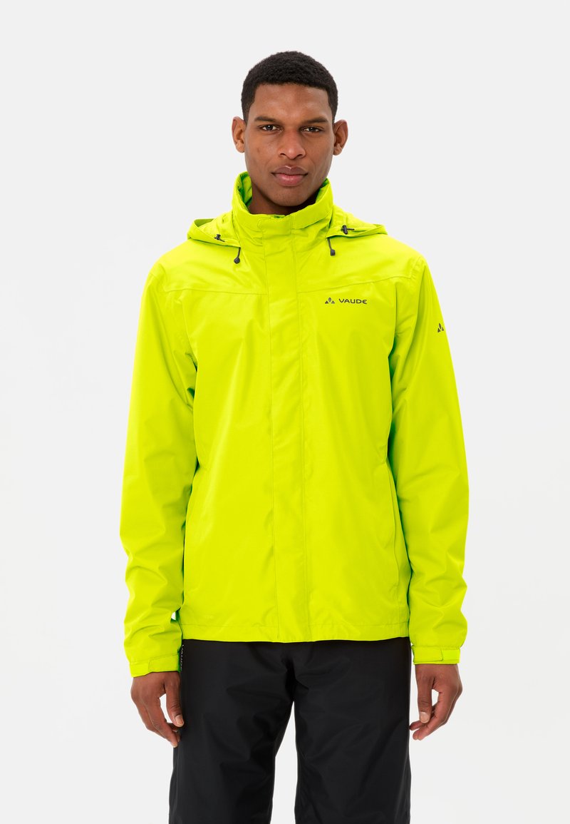 Heldere limoengroene waterdichte jas met een capuchon, rits aan de voorkant en verstelbare koorden. Voorzien van een logo op de linkerborst en de manchetten.