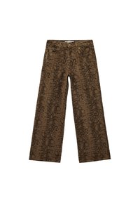 Brązowe spodnie o szerokich nogawkach z teksturowanym wzorem w węża, standardowym pasem i przednimi kieszeniami.