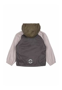 Veste à capuche avec une capuche marron imperméable, un corps gris et des manches roses ; poignets élastiques et logo "RECYCLED" au dos.