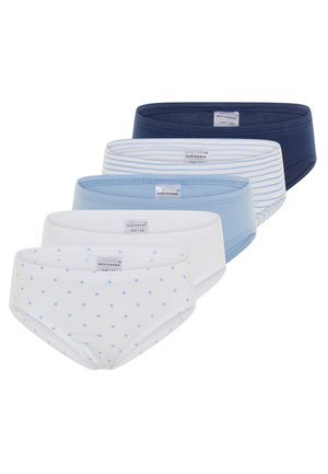 Five pairs of women's briefs in assorted colors: navy, light blue, white with blue polka dots, white stripes, and solid blue. Soft cotton material.