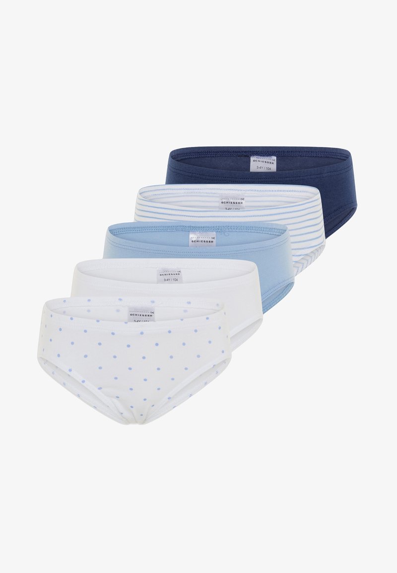Fünf Paar Damenunterwäsche in verschiedenen Farben: Marineblau, Hellblau, Weiß mit blauen Punkten, mit weißen Streifen und einfarbig Blau. Aus weichem Baumwollmaterial.