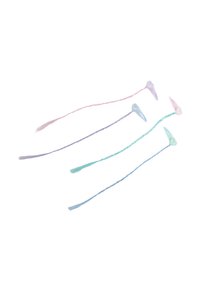 Patru agrafe de păr în culori pastel: roz, lavandă, verde și albastru. Fiecare are o formă netedă și alungită, cu un design decorativ în partea superioară.