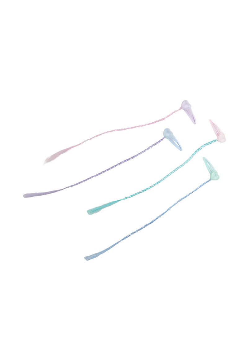 Patru agrafe de păr în culori pastel: roz, lavandă, verde și albastru. Fiecare are o formă netedă și alungită, cu un design decorativ în partea superioară.