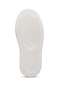 Suela de goma blanca con un diseño de rodamiento en forma de ola. Presenta un logo circular con la letra "N" y un detalle numérico "24."