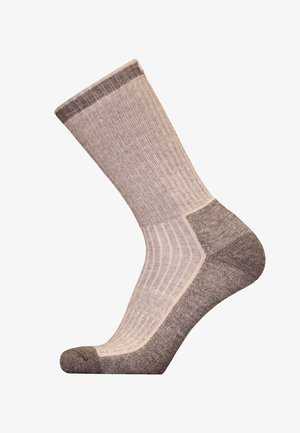 Gray and beige ribbed sock with a cushioned footbed, reinforced heel, and toe. The top features a contrasting dark gray stripe.