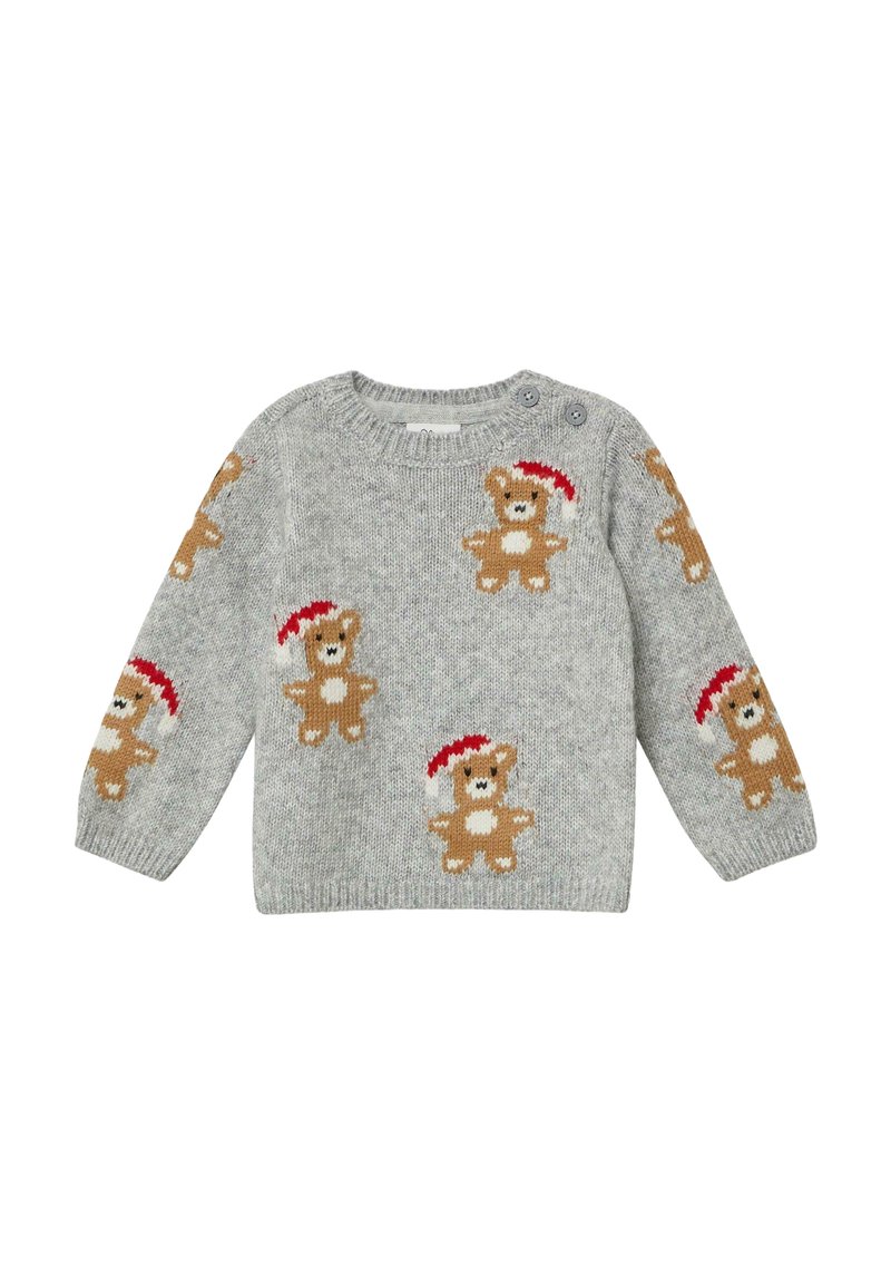 Jasnoszary sweter z dzianiny z brązowymi wzorami misia teddy w czerwonych czapkach. Długie rękawy, prążkowany dekolt oraz dwa guziki na ramieniu.